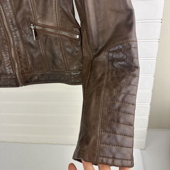 Brown Leather Moto Racing Biker Jacket Womens Small Full Zip Quilted Butter Soft - Picture 5 of 13